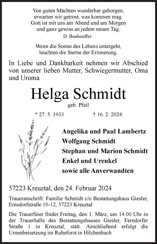 Traueranzeige von Helga Schmidt von Siegener Zeitung