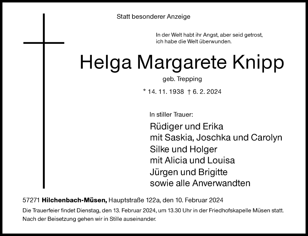  Traueranzeige für Helga Margarete Knipp vom 10.02.2024 aus Siegener Zeitung
