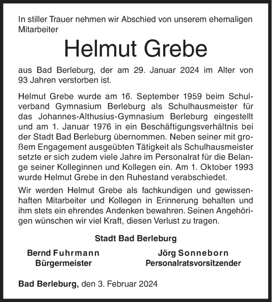 Traueranzeige von Helmut Grebe von Siegener Zeitung