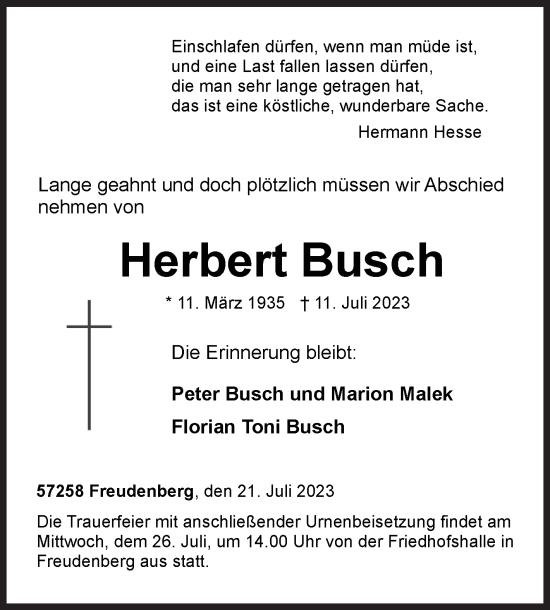 Traueranzeige von Herbert Busch von Siegener Zeitung