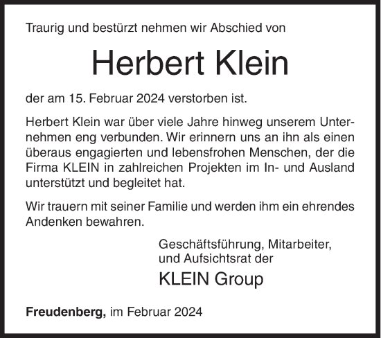 Traueranzeige von Herbert Klein von Siegener Zeitung