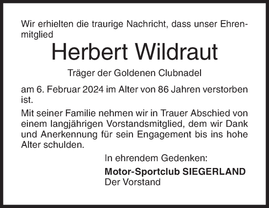 Traueranzeige von Herbert Wildraut von Siegener Zeitung