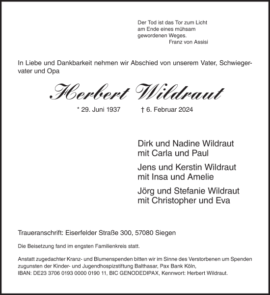 Traueranzeige von Herbert Wildraut von Siegener Zeitung
