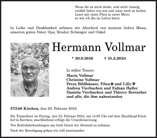 Traueranzeige von Hermann Vollmar von Siegener Zeitung