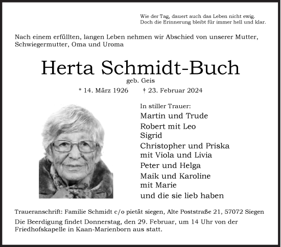 Traueranzeige von Herta Schmidt-Buch von Siegener Zeitung
