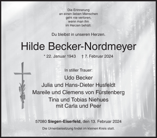 Traueranzeige von Hilde Becker-Nordmeyer von Siegener Zeitung