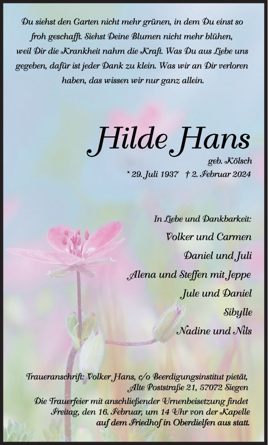 Traueranzeige von Hilde Hans von Siegener Zeitung
