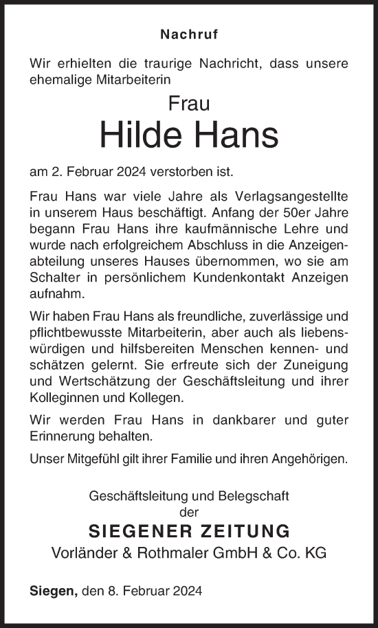 Traueranzeige von Hilde Hans von Siegener Zeitung