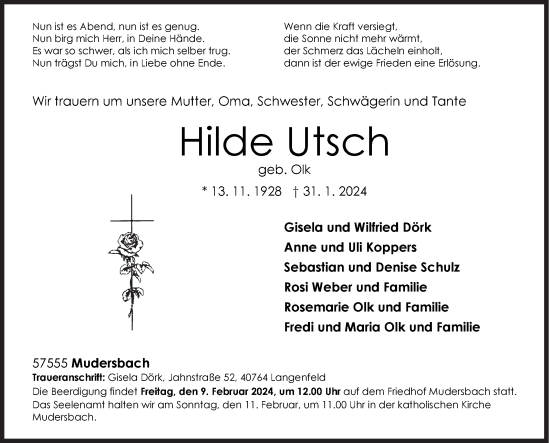 Traueranzeige von Hilde Utsch von Siegener Zeitung