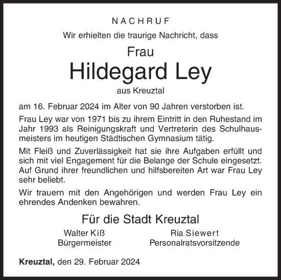 Traueranzeige von Hildegard Ley von Siegener Zeitung