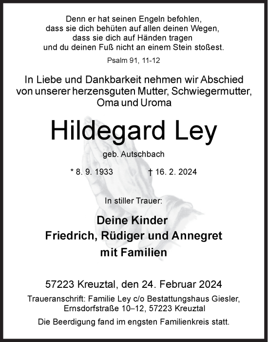 Traueranzeige von Hildegard Ley von Siegener Zeitung