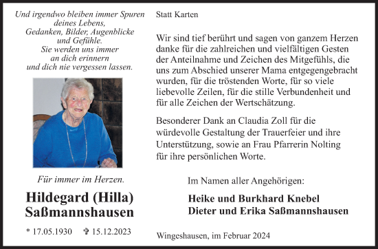 Traueranzeige von Hildegard Saßmannshausen von Siegener Zeitung