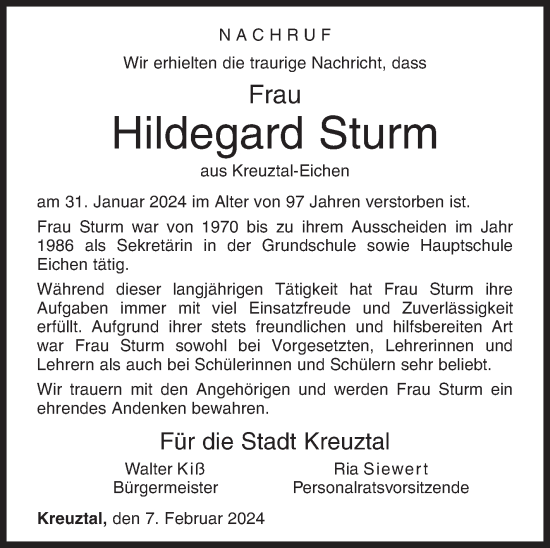 Traueranzeige von Hildegard Sturm von Siegener Zeitung