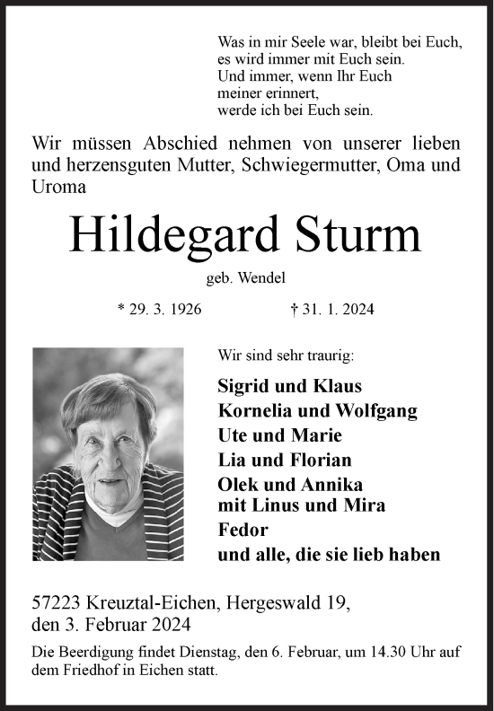 Traueranzeige von Hildegard Sturm von Siegener Zeitung