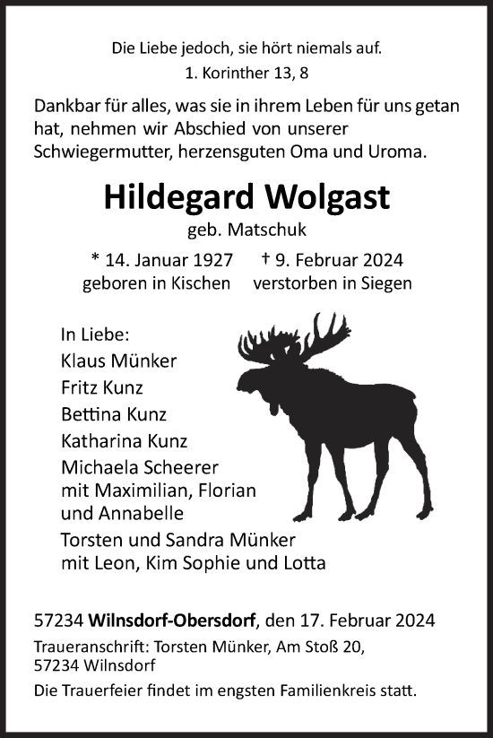 Traueranzeige von Hildegard Wolgast von Siegener Zeitung