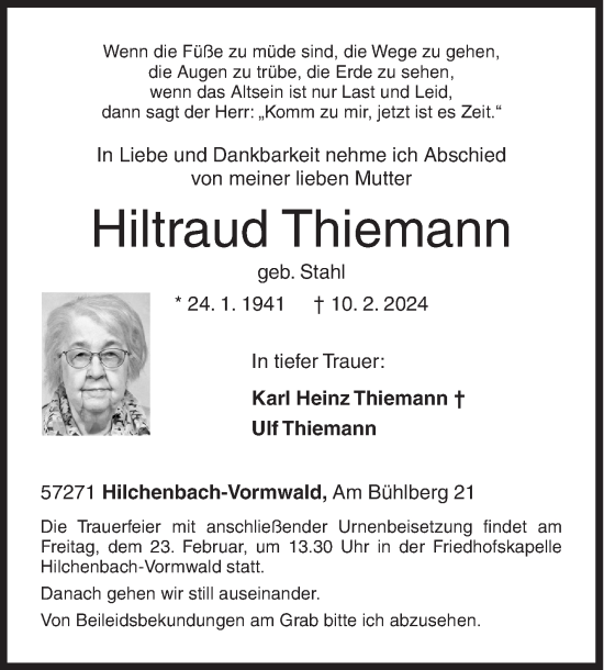 Traueranzeige von Hiltraud Thiemann von Siegener Zeitung