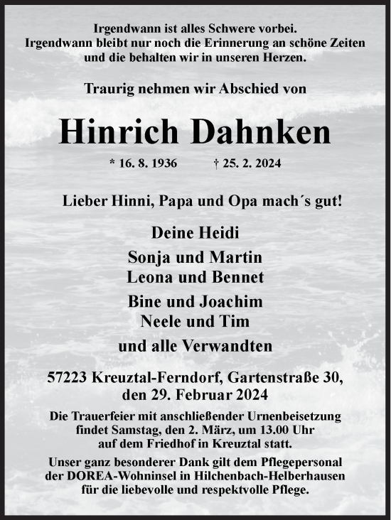 Traueranzeige von Hinrich Dahnken von Siegener Zeitung
