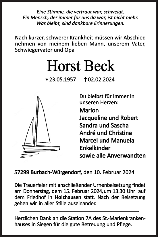 Traueranzeige von Horst Beck von Siegener Zeitung