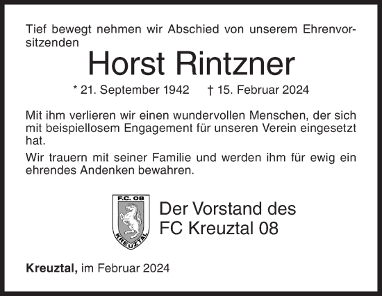 Traueranzeige von Horst Rintzner von Siegener Zeitung