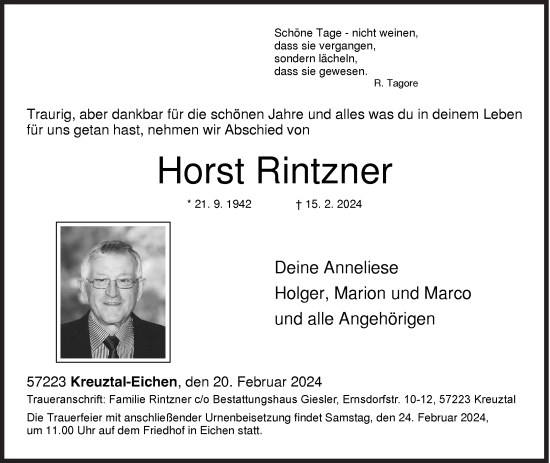 Traueranzeige von Horst Rintzner von Siegener Zeitung