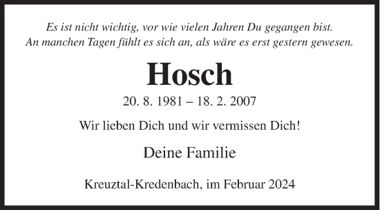 Traueranzeige von Hosch  von Siegener Zeitung