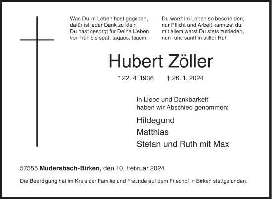 Traueranzeige von Hubert Zöller von Siegener Zeitung
