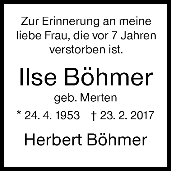 Traueranzeige von Ilse Böhmer von Siegener Zeitung