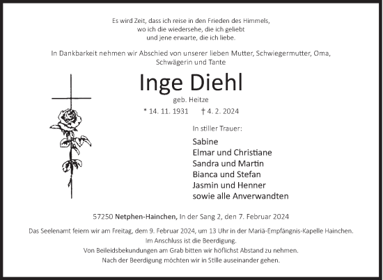 Traueranzeige von Inge Diehl von Siegener Zeitung