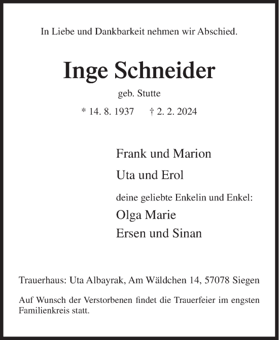 Traueranzeige von Inge Schneider von Siegener Zeitung