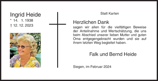 Traueranzeige von Ingrid Heide von Siegener Zeitung