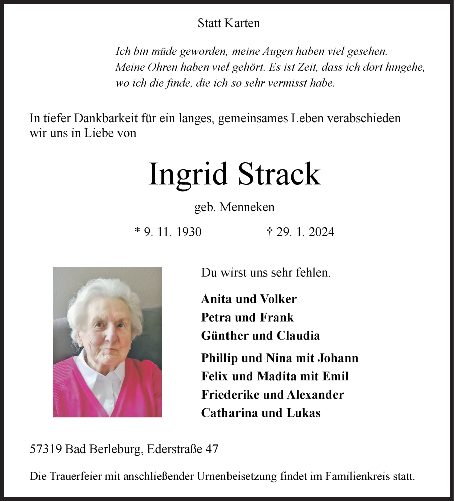  Traueranzeige für Ingrid Strack vom 03.02.2024 aus Siegener Zeitung
