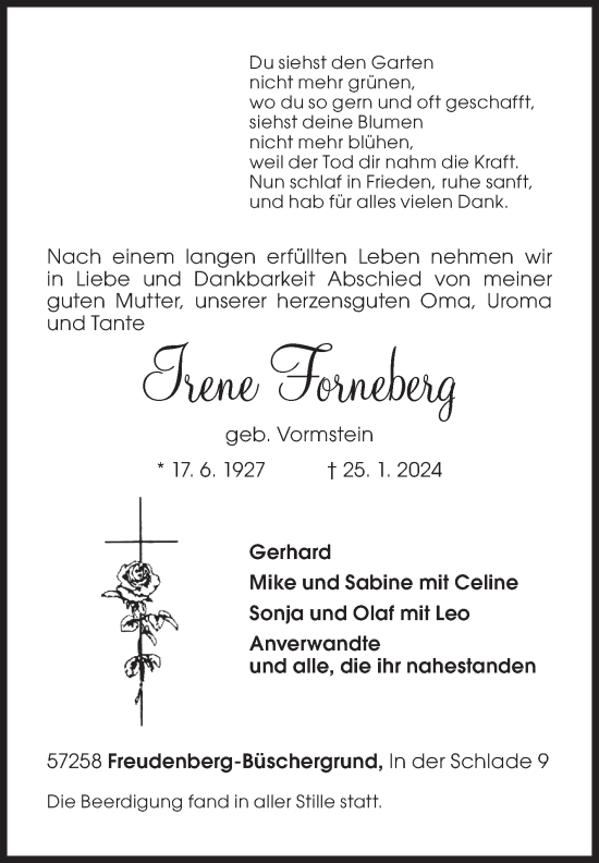 Traueranzeige von Irene Forneberg von Siegener Zeitung