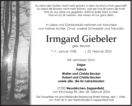 Traueranzeige von Irmgard Giebeler von Siegener Zeitung