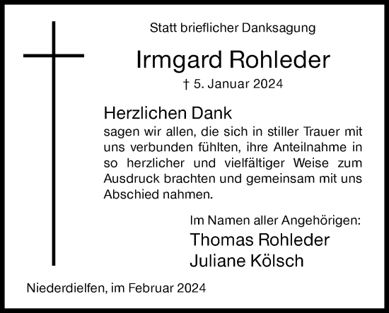 Traueranzeige von Irmgard Rohleder von Siegener Zeitung