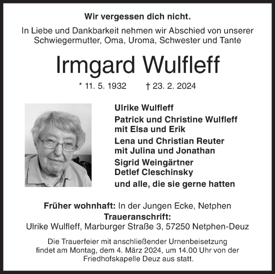 Traueranzeige von Irmgard Wulfleff von Siegener Zeitung