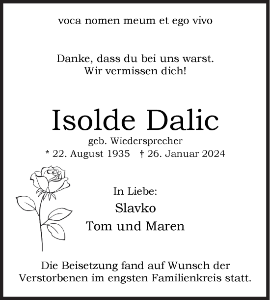 Traueranzeige von Isolde Dalic von Siegener Zeitung