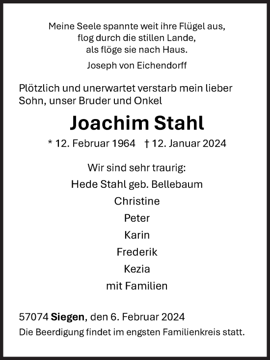 Traueranzeige von Joachim Stahl von Siegener Zeitung