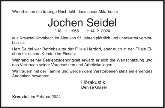 Traueranzeige von Jochen Seidel von Siegener Zeitung