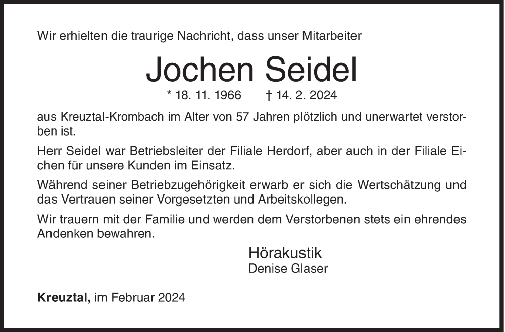  Traueranzeige für Jochen Seidel vom 24.02.2024 aus Siegener Zeitung