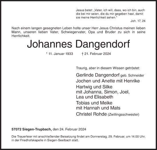 Traueranzeige von Johannes Dangendorf von Siegener Zeitung