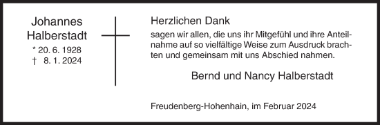 Traueranzeige von Johannes Halberstadt von Siegener Zeitung