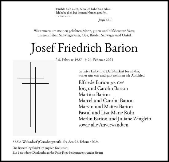 Traueranzeige von Josef  Barion von Siegener Zeitung