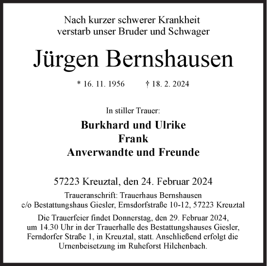 Traueranzeige von Jürgen Bernshausen von Siegener Zeitung