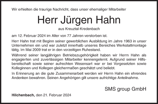 Traueranzeige von Jürgen Hahn von Siegener Zeitung