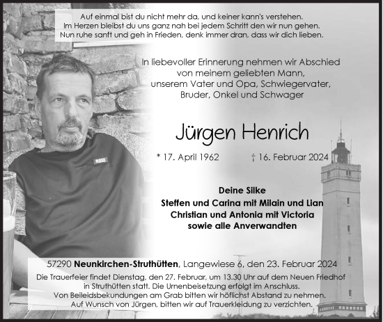 Traueranzeige von Jürgen Henrich von Siegener Zeitung