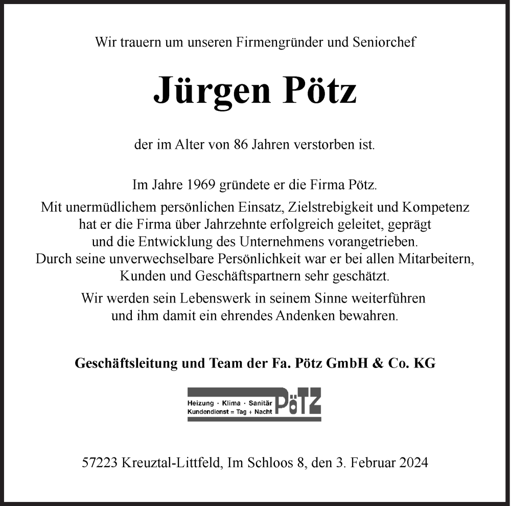  Traueranzeige für Jürgen Pötz vom 03.02.2024 aus Siegener Zeitung