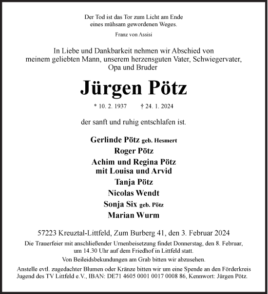 Traueranzeige von Jürgen Pötz von Siegener Zeitung