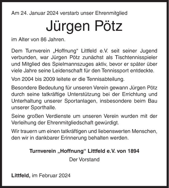 Traueranzeige von Jürgen Pötz von Siegener Zeitung