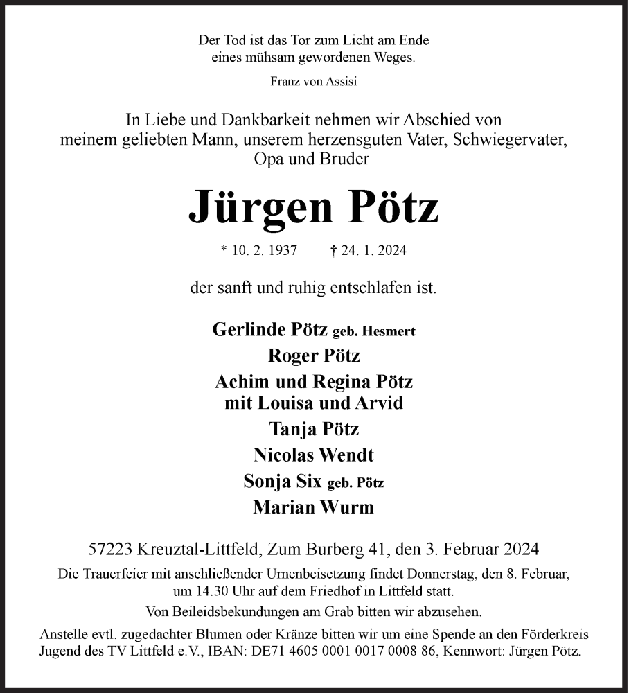  Traueranzeige für Jürgen Pötz vom 03.02.2024 aus Siegener Zeitung