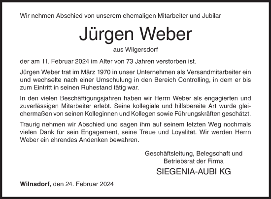 Traueranzeige von Jürgen Weber von Siegener Zeitung